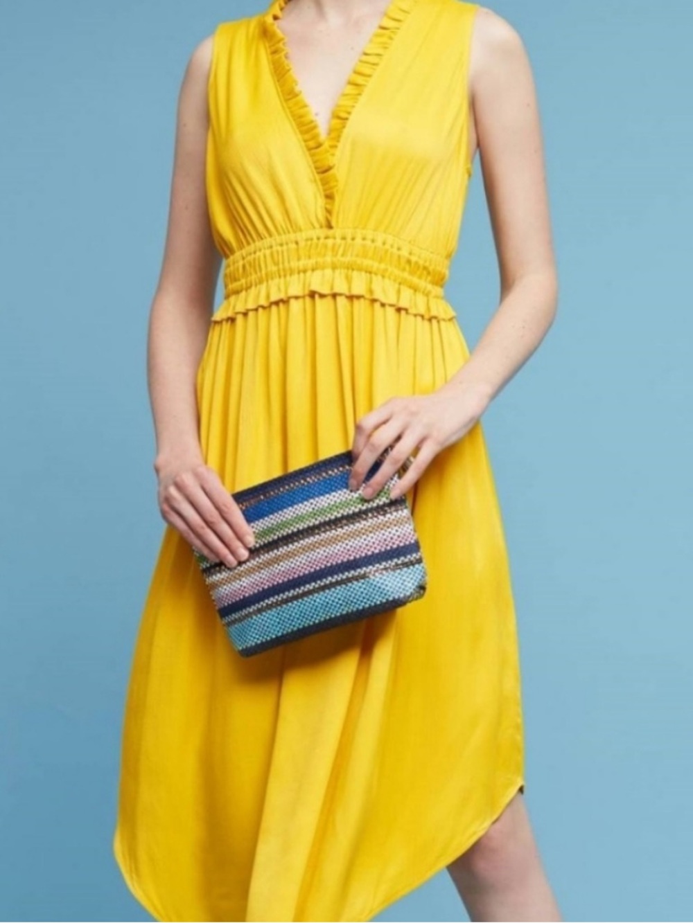 Maeve Anthropologie yellow satin ruffle midi dress size S